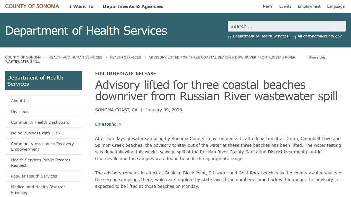 Advisory lifted for three coastal beaches downriver from Russian River wastewater spill